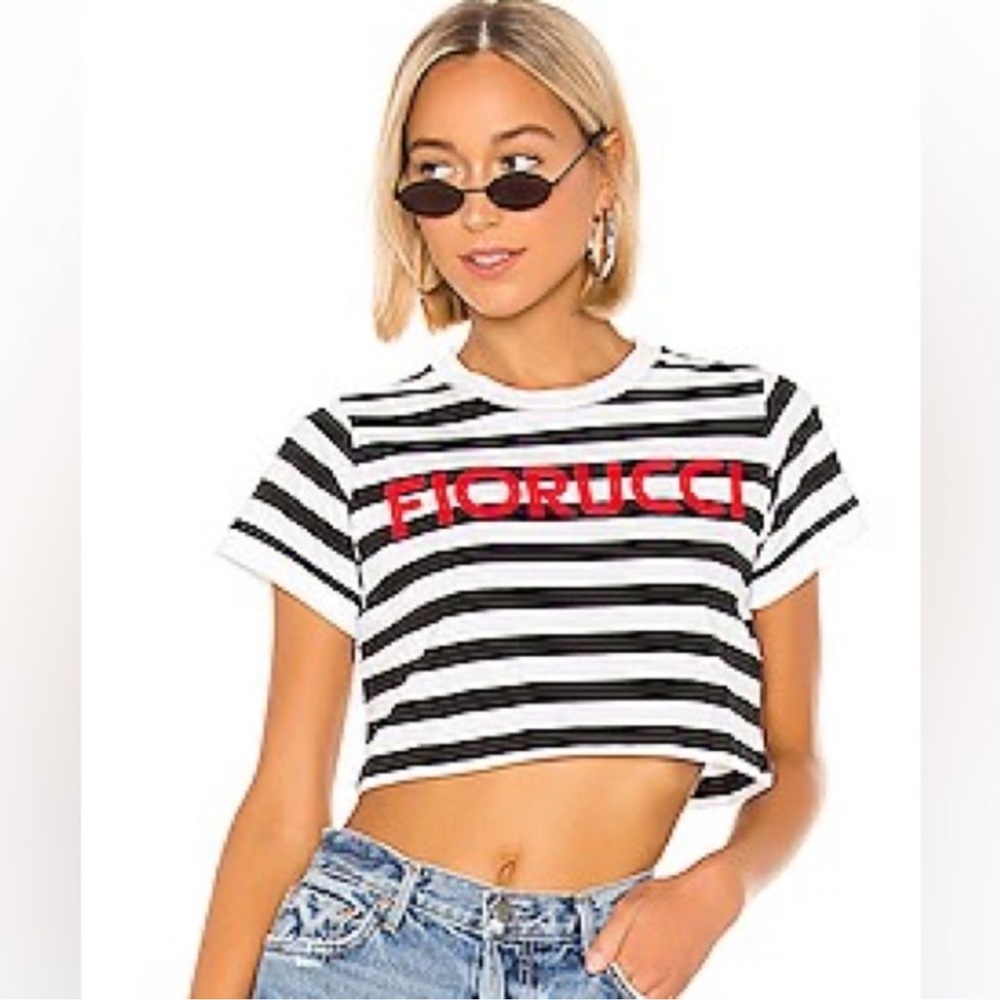 Fiorucci Black and White Striped Crop Top with Red Logo